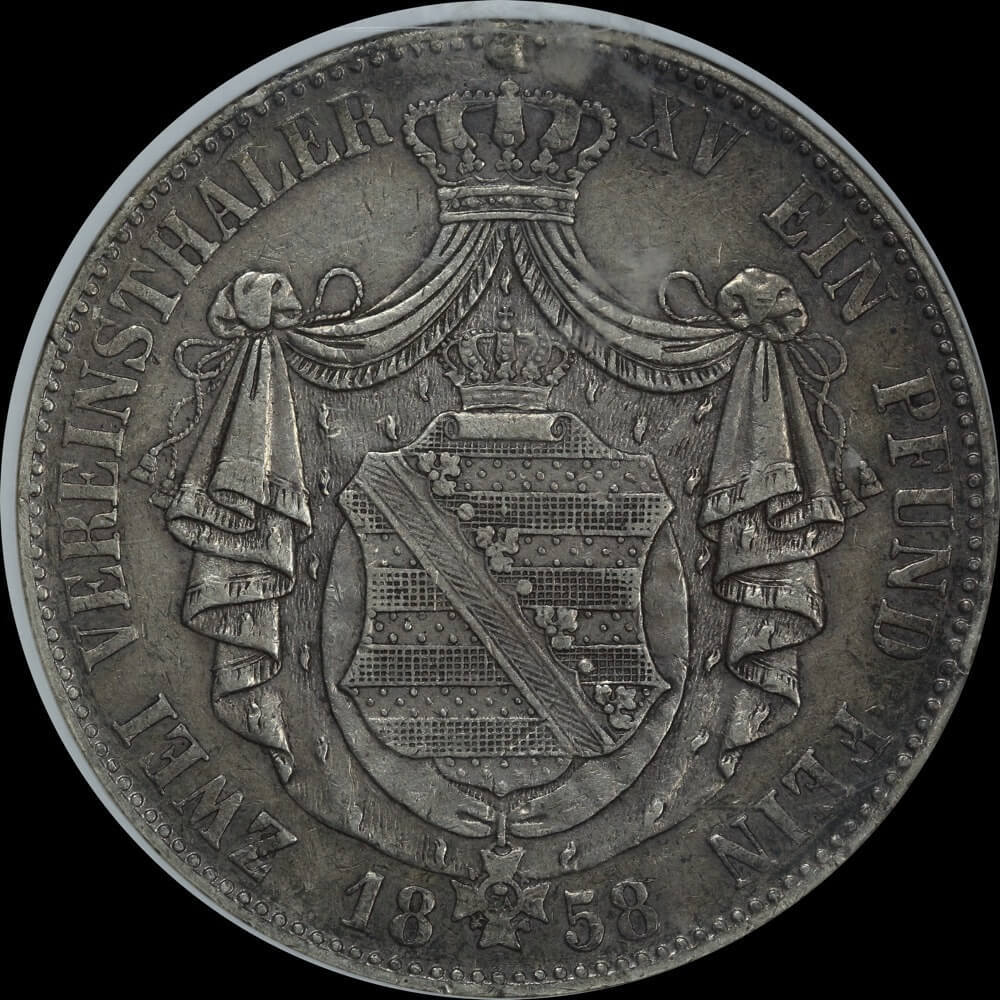 German States (Saxony) 1858-F Silver 2 Thaler KM#1195 NGC XF40 product image