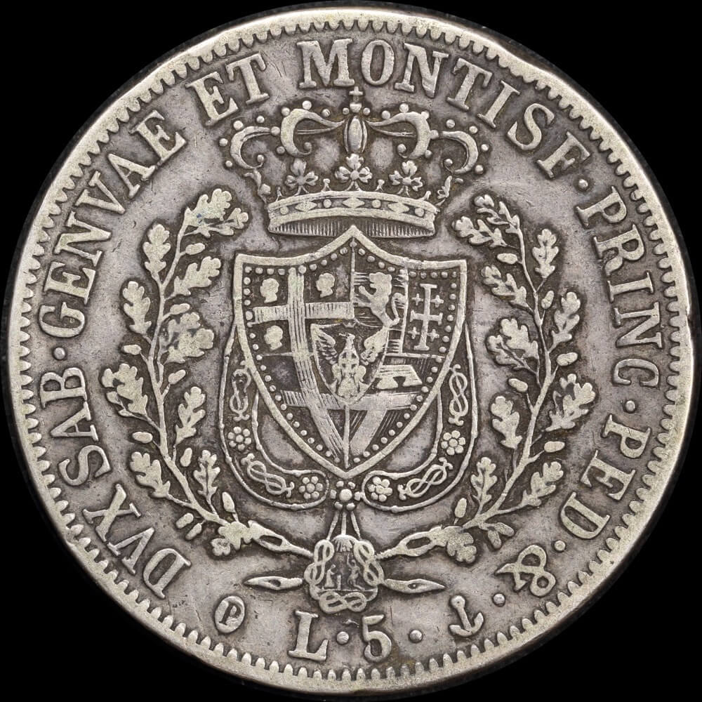 Italian States (Sardinia) 1828 Silver 5 Lire C# 105.2 Very Fine product image