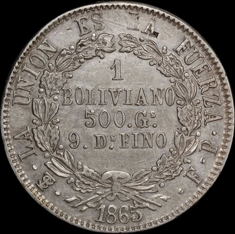 Bolivia 1865 PTS Silver Boliviano KM# 152.1 EF product image