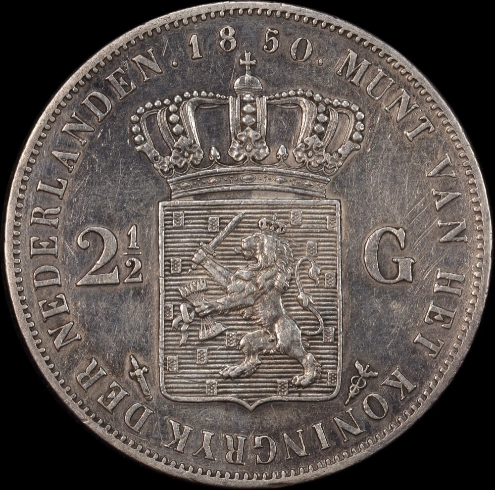 Netherlands 1850 Silver 2 1/2 Guilder KM# 82 EF product image