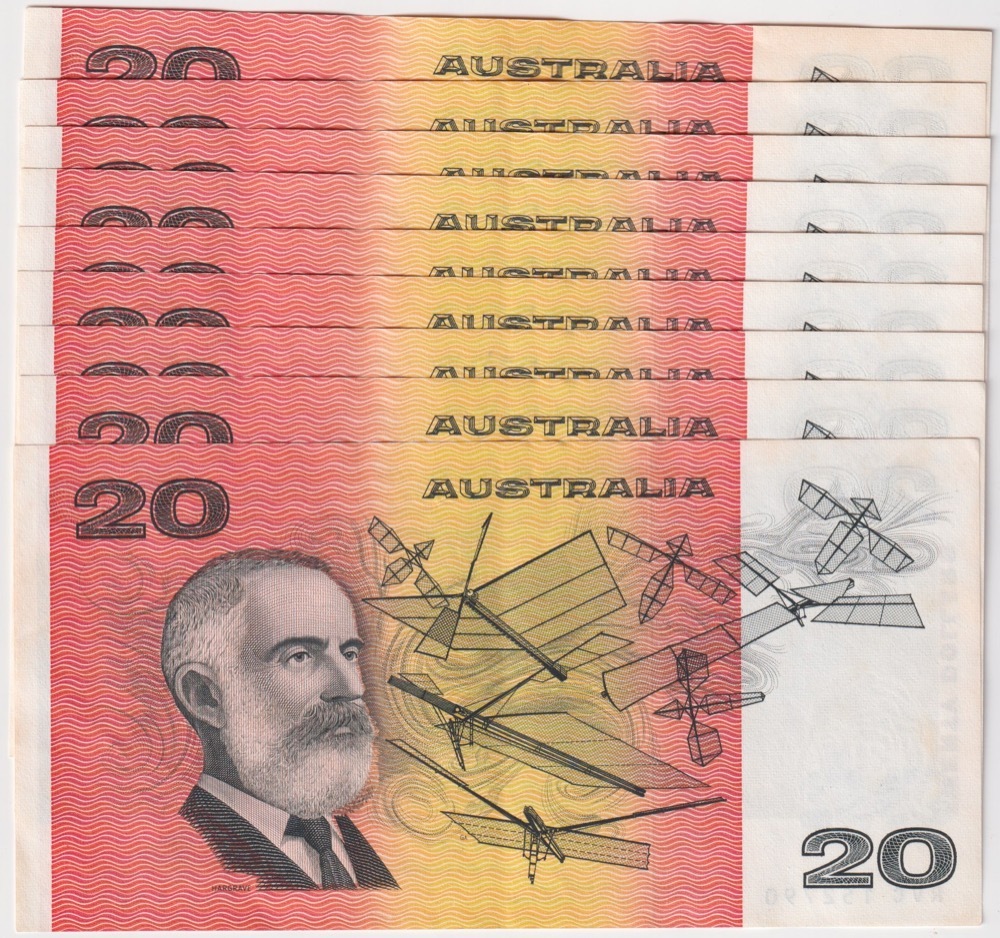 1991 $20 Consecutive Run of 9 Notes Fraser/Cole R413 good EF
