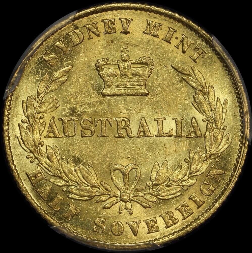 1860 Sydney Mint Type II Half Sovereign Overdate about Unc (PCGS AU58)