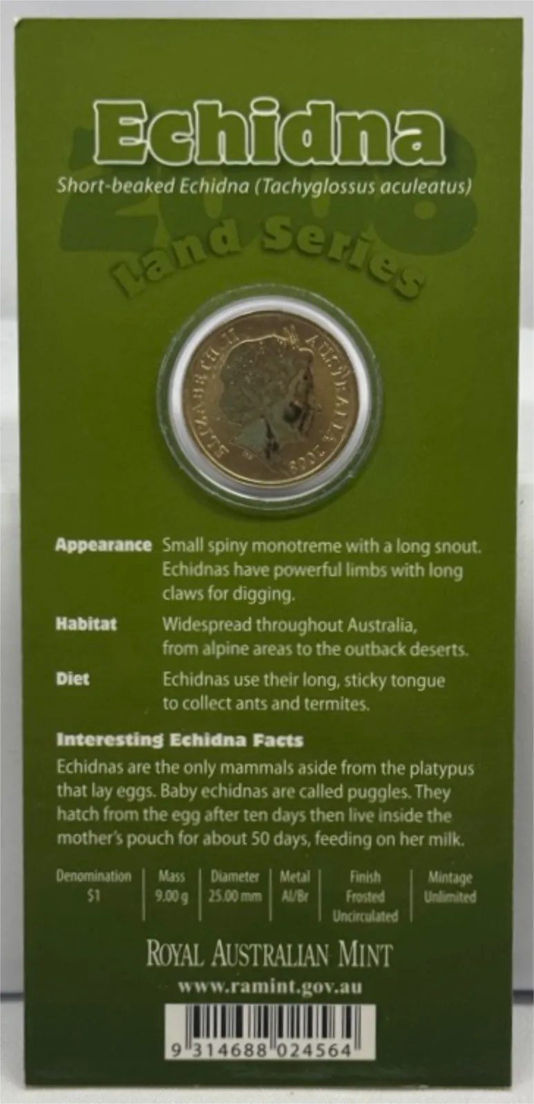 2008 1 Dollar Uncirculated Coin Land Series Echidna