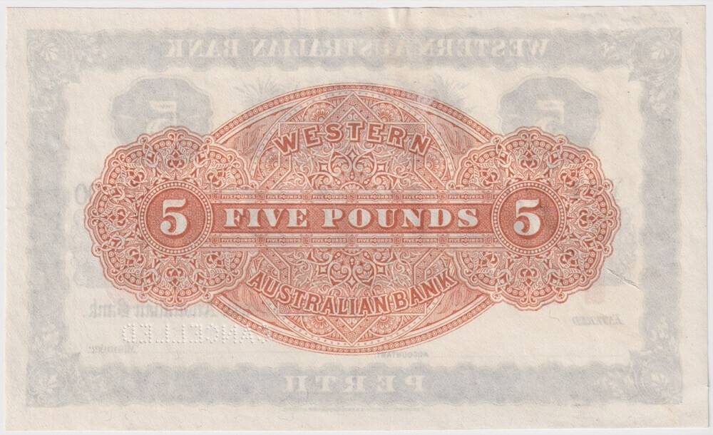 Western Australian Bank (Perth) 1903 Five Pounds Unissued Specimen Note MVR#3 Uncirculated