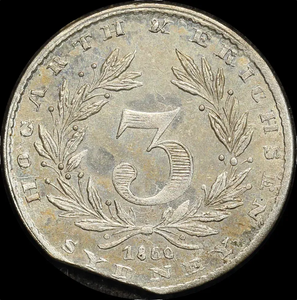 1860 Hogarth & Erichsen Silver Threepence Token good EF product image