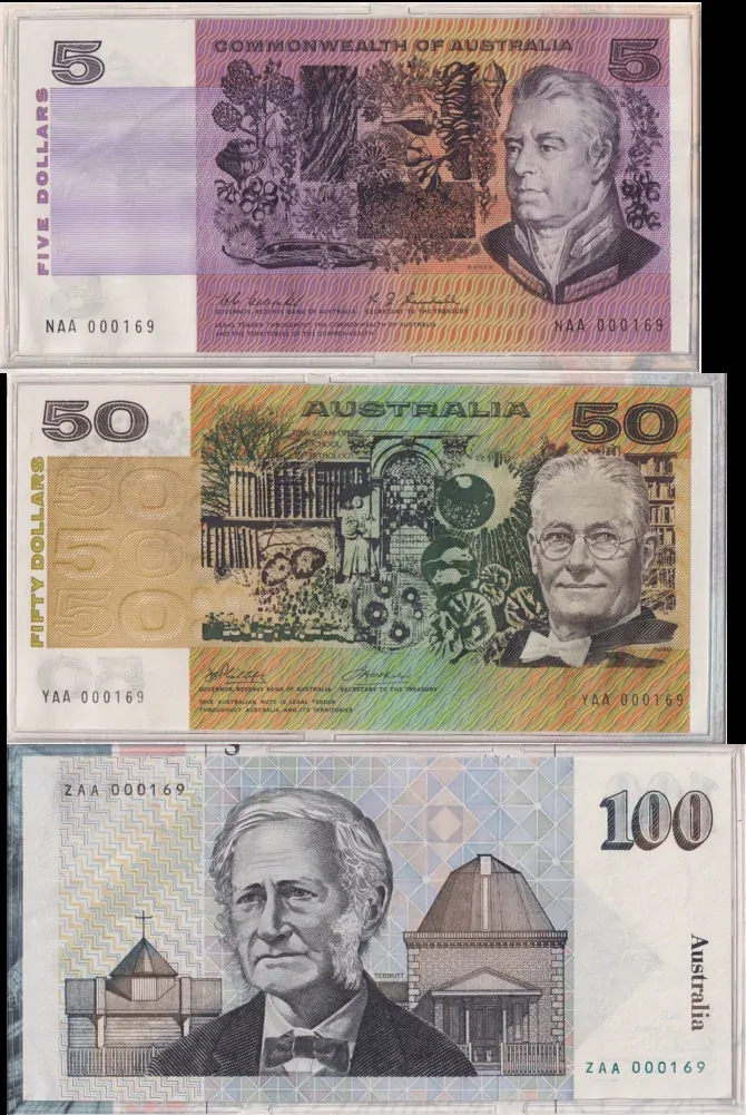 Australia 1994 Triple Anniversary Decimal Banknote Portfolio - $5, $50 & $100 First Prefix Notes