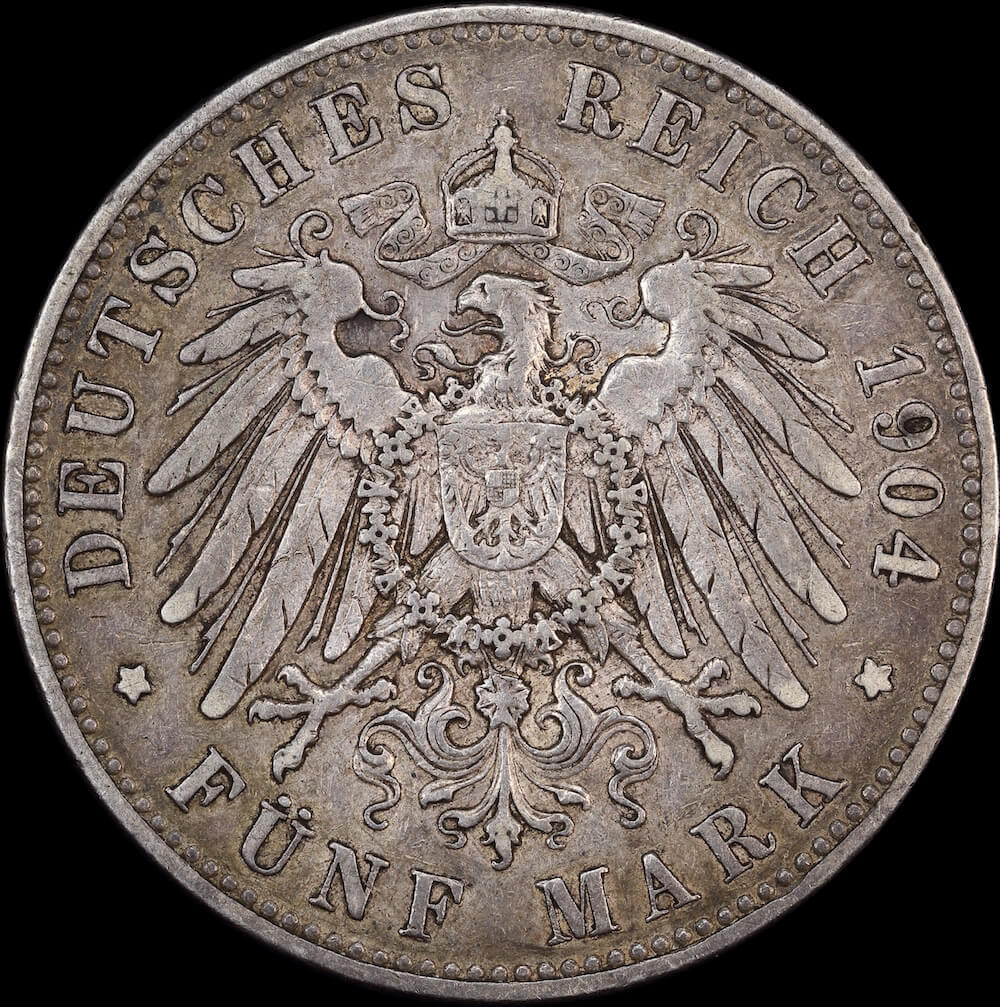 German States Prussia 1904-A Silver 5 Mark KM#523 AVF