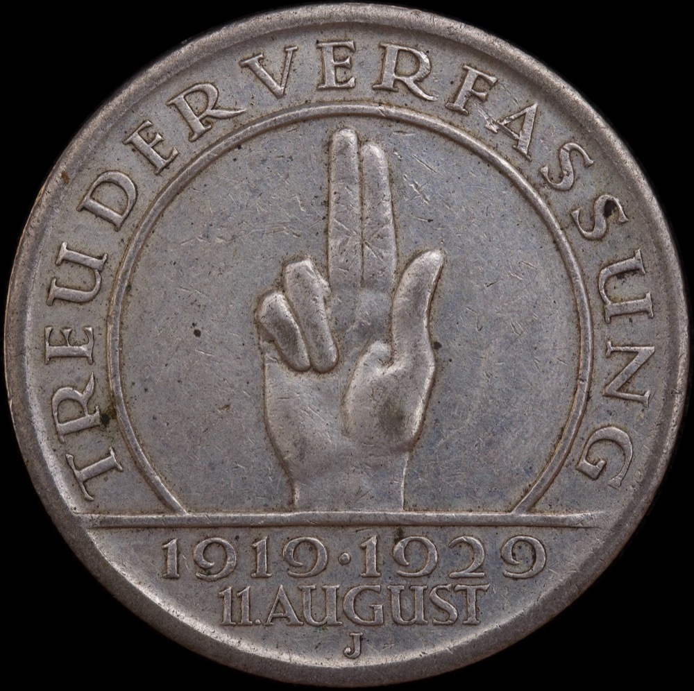 Germany (Weimar Republic) 1929-J Hamburg Silver 5 Reichsmark KM# 64 Constitution Very Fine product image