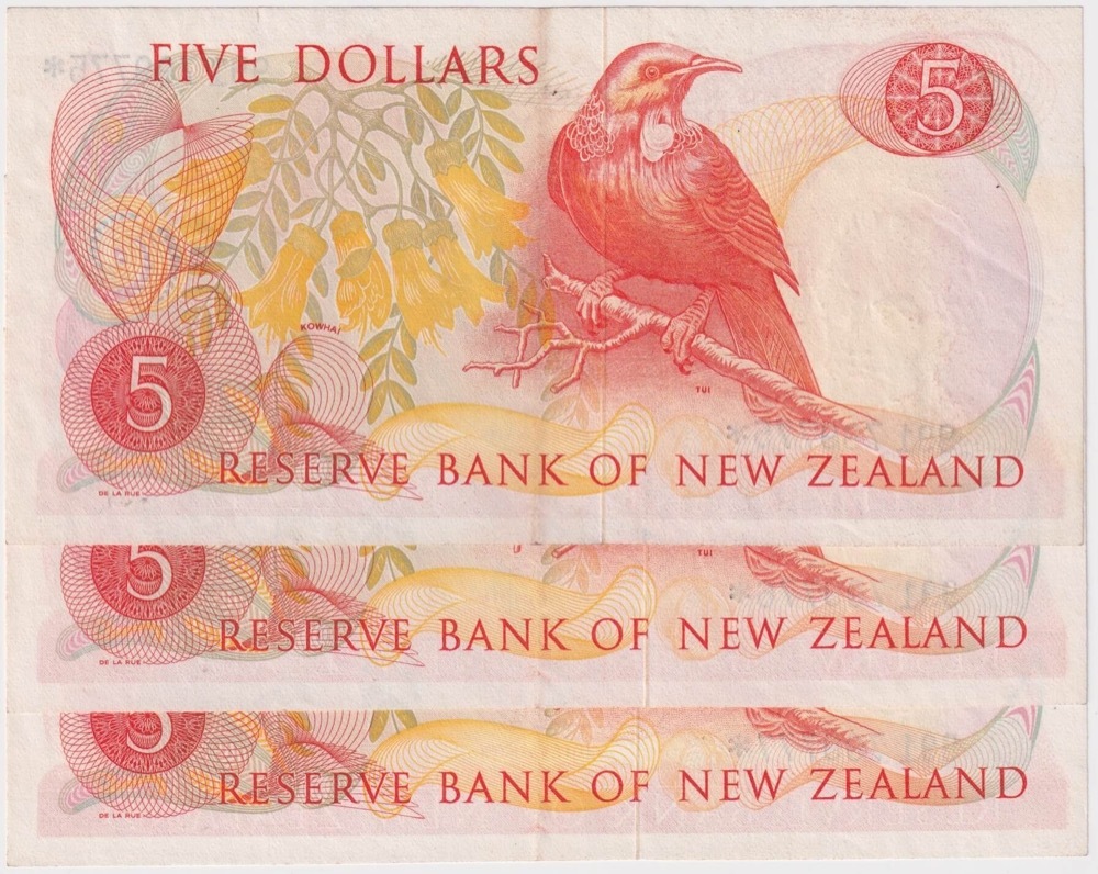 New Zealand 1981 Consecutive Trio Five Dollar Star Note Hardie P#171A good EF product image