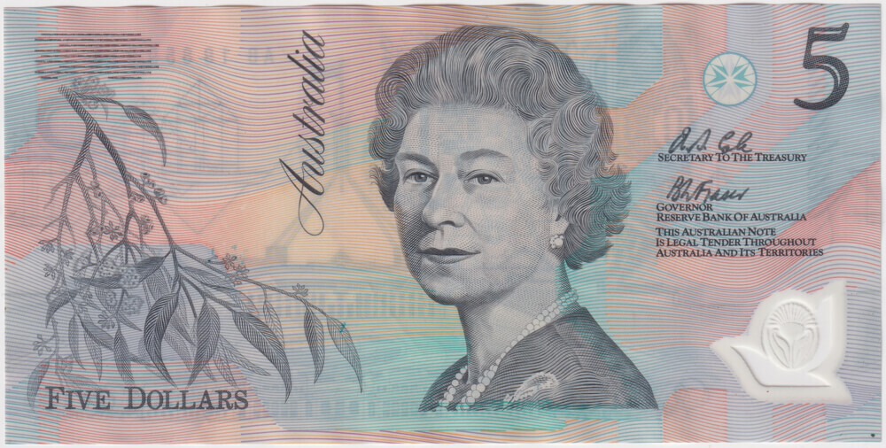 1992 $5 Note Fraser/Cole AB19 Last Prefix R214L about Unc