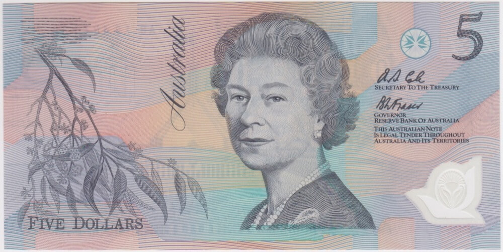 1992 $5 Note Fraser/Cole AB19 Last Prefix R214L (Dark Green Serials) Uncirculated