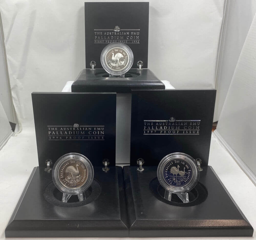 Australia 1oz Palladium 3 Coin Proof Set Emu 1995 to 1997 in Presentation Case product image