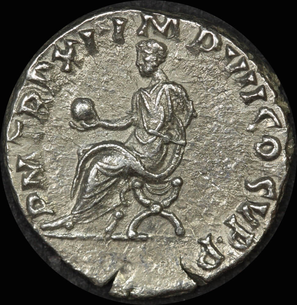 Ancient Rome (Imperial) 185 AD Commodus Silver Denarius Globe and scroll RIC 124 good VF