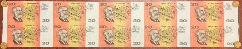 Twenty Dollar 1989 Uncut Strip of 10 Phillips / Fraser