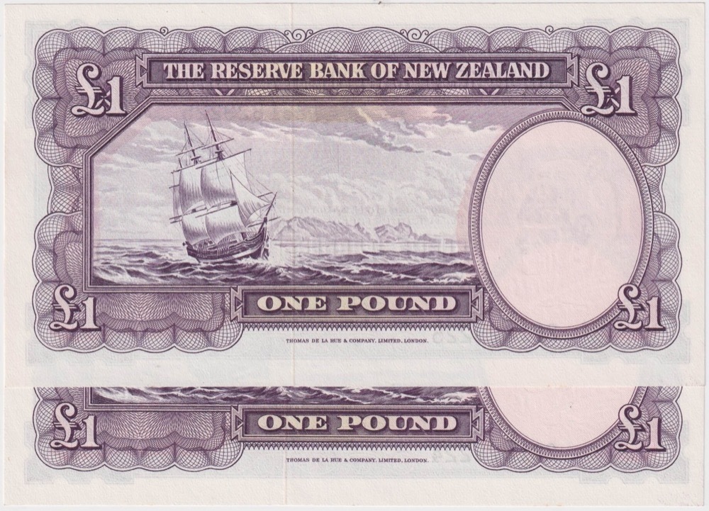 New Zealand 1956 1 Pound Consecutive Pair Fleming Pick#159d Uncirculated product image