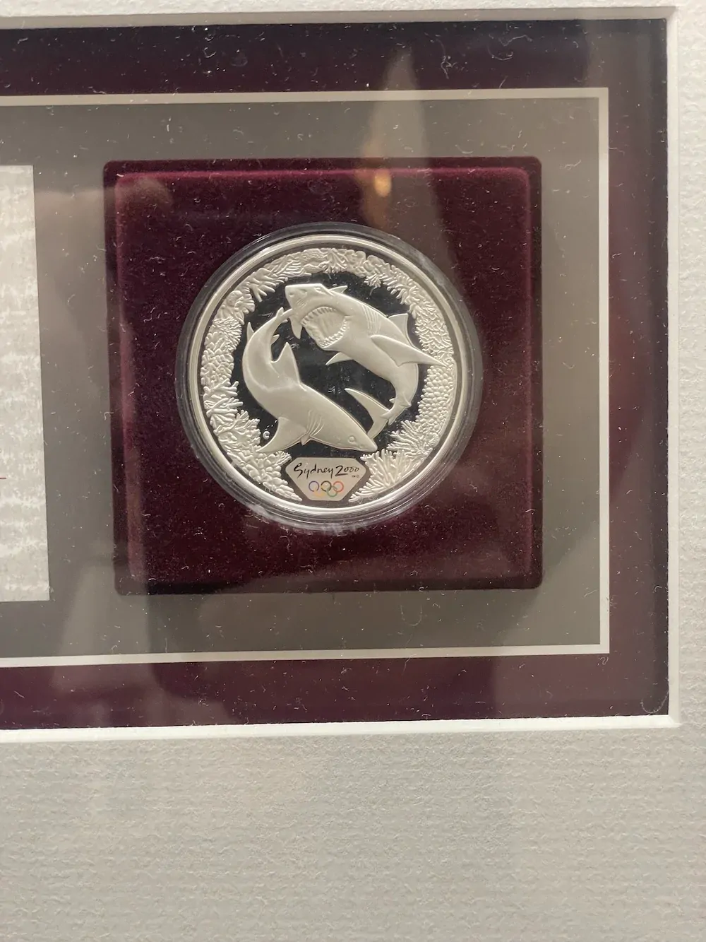 Sydney 2000 Olympic Silver One Ounce Proof Coin in Frame - Great White Shark and Coral