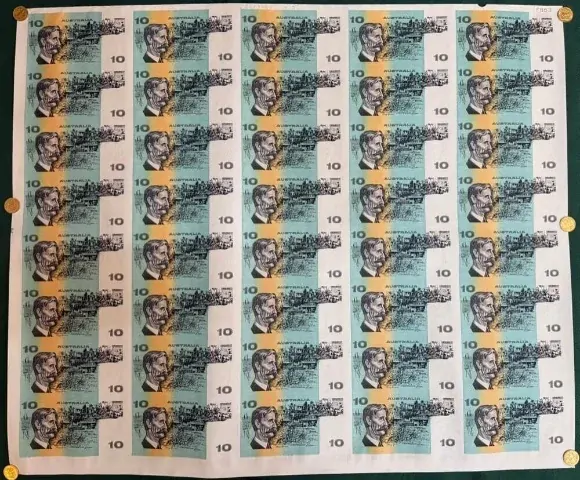1994 10 Dollar Uncut Sheet of 40 Paper Notes Fraser / Cole