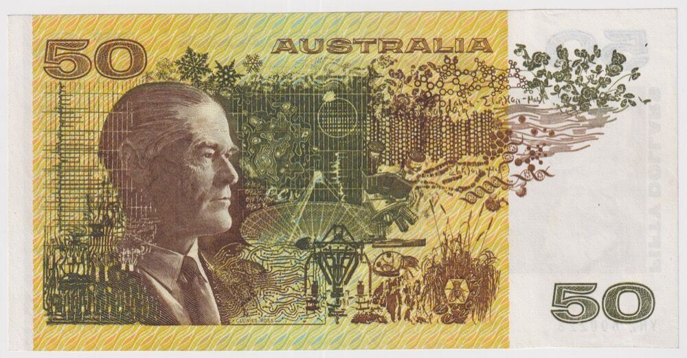 1985 $50 Note Gothic Serials Side Thread Johnston/Fraser Wet Ink Transfer R509A EF