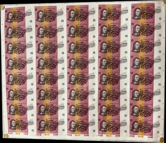 1990 5 Dollar Uncut Sheet of 40 Paper Notes Fraser Higgins