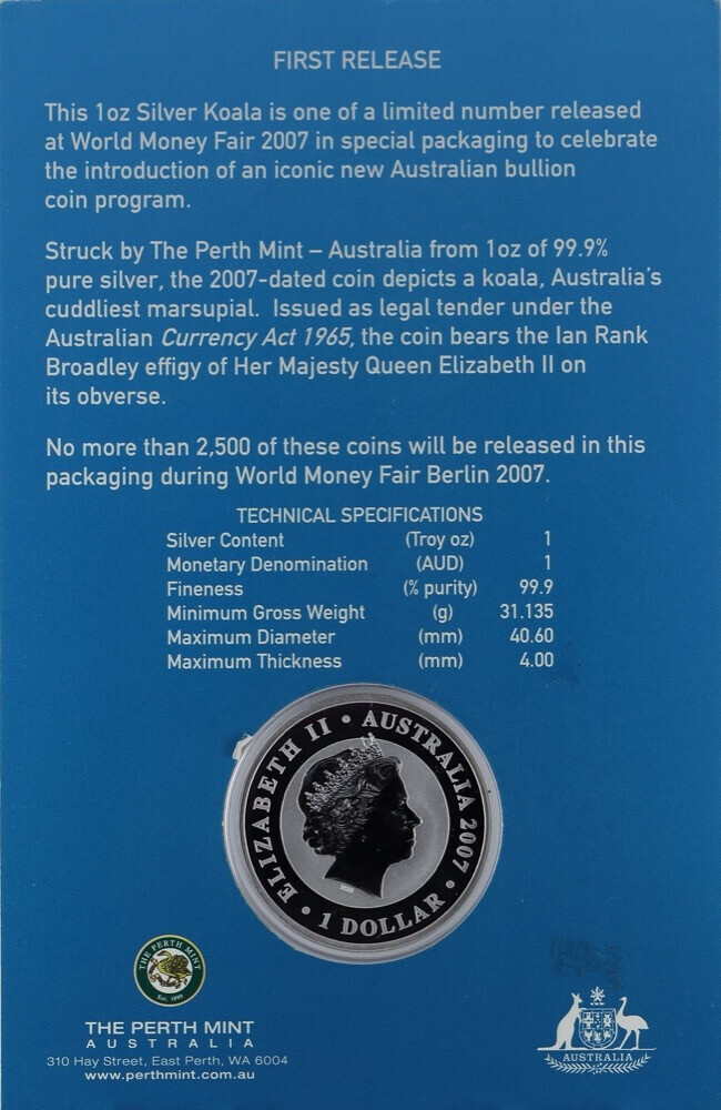 2007 Silver One Ounce Koala Exclusive Berlin WMF product image