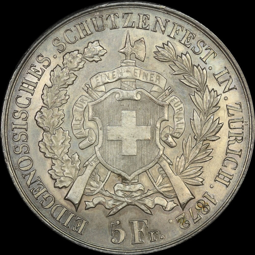 Switzerland (Zurich) 1872 Silver 5 Francs / Shooting Thaler KM#X.S11 PCGS MS64 product image