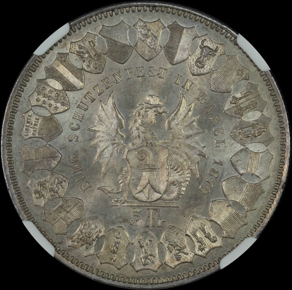 Switzerland 1879 Silver 5 Francs Basel Shooting Thaler NGC MS64 product image