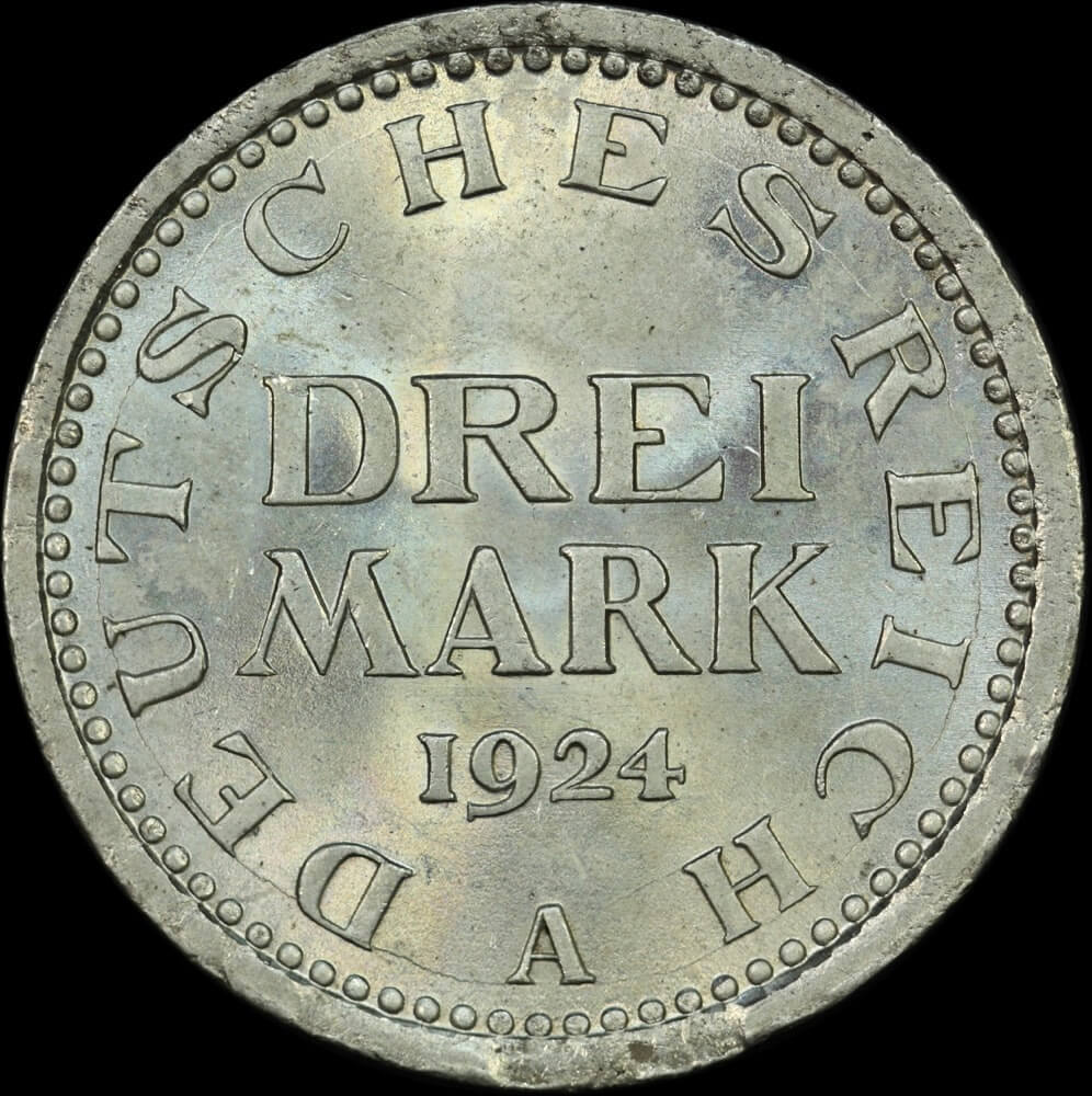 Germany (Weimar Republic) 1924-A Silver 3 Marks KM#43 Choice Uncirculated product image