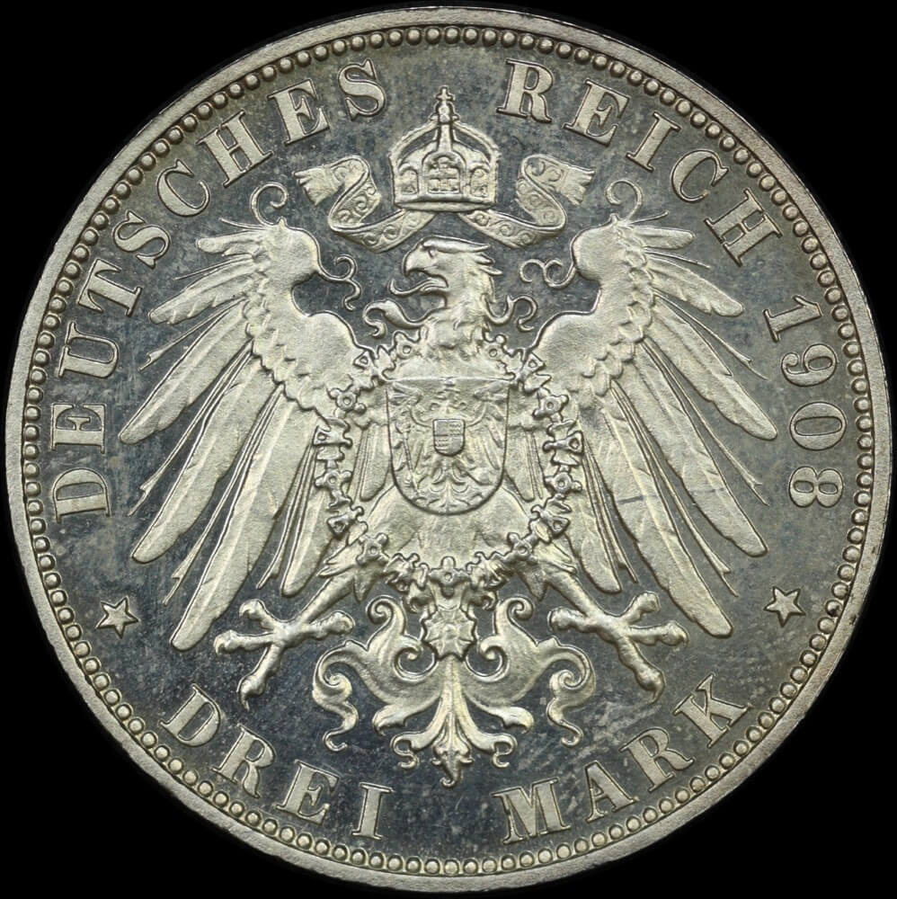 German States (Hamburg) 1908-J Silver Proof 3 Marks KM#296 PCGS PR63CAM product image