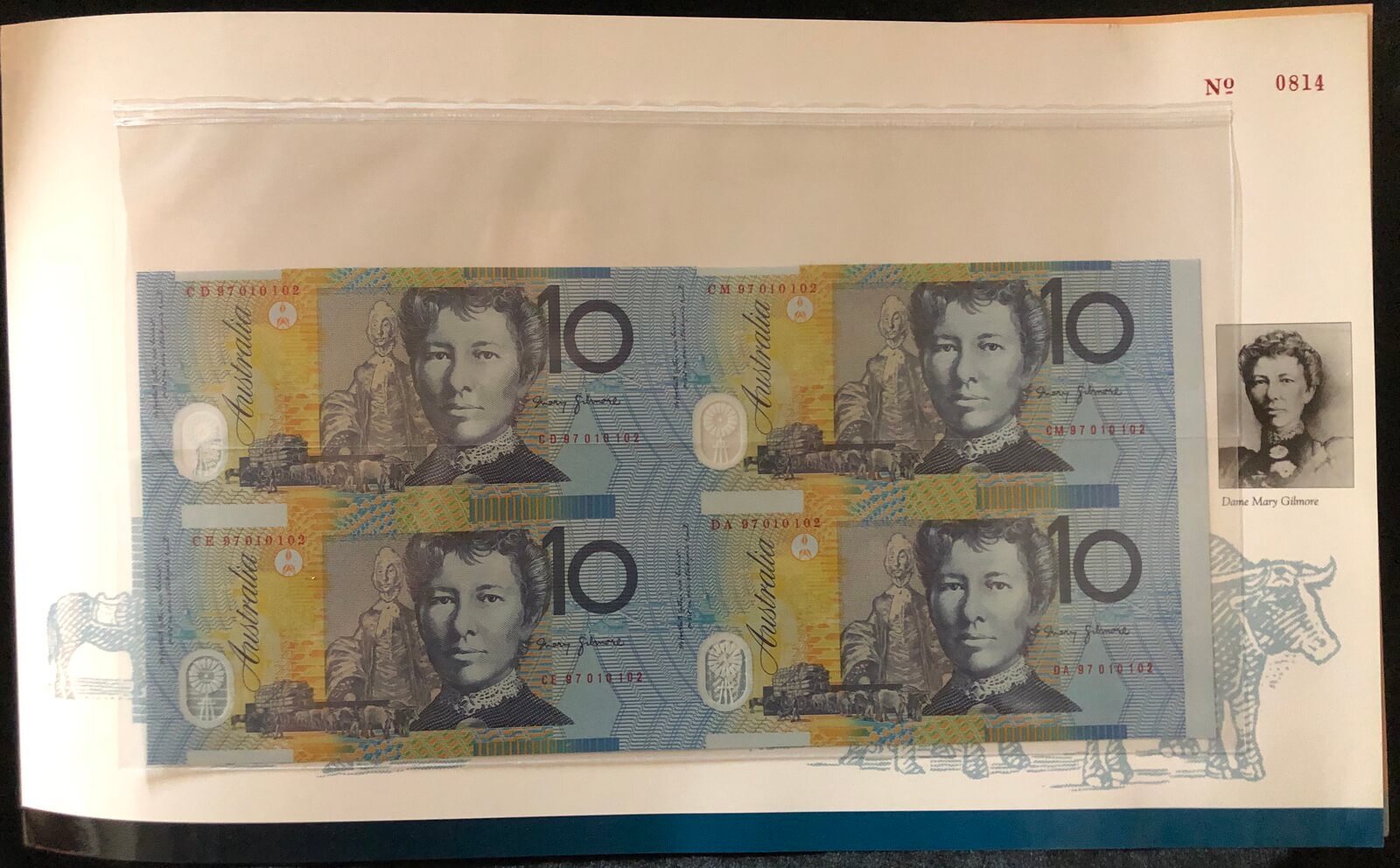 1997 10 Dollars Uncut Block of Four - Premium Red Serials