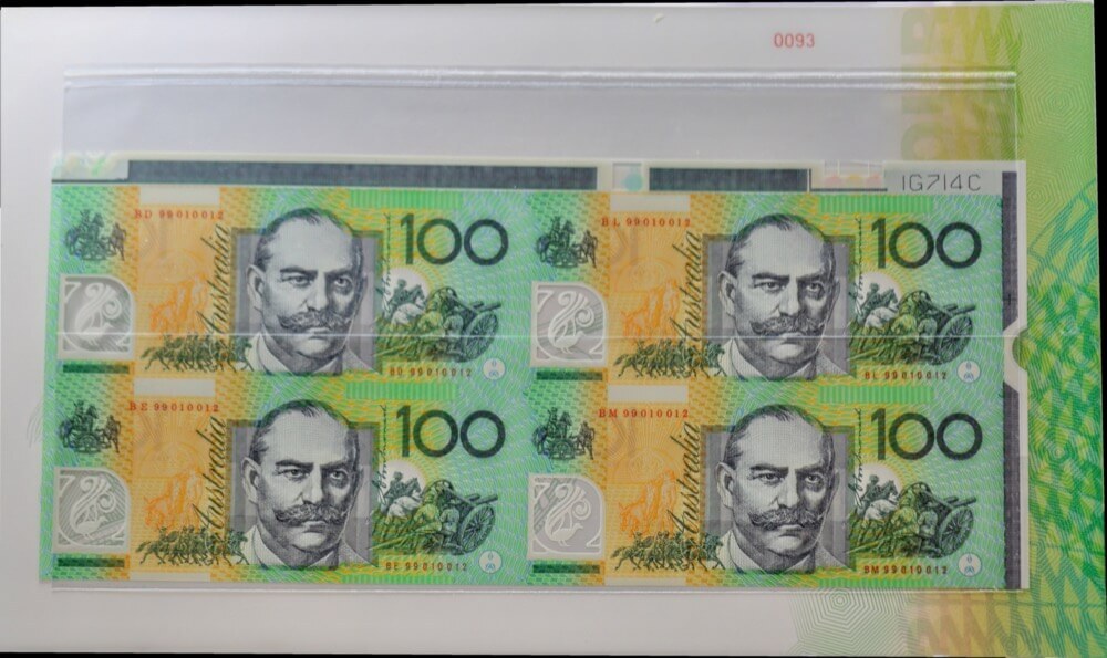 1999 100 Dollars Uncut Block of Four Premium Red Serials