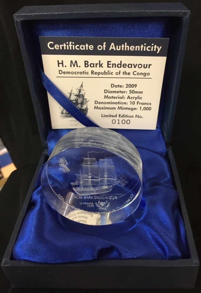 Democratic Republic of Congo 2009 Acrylic 10 Francs Hm Bark Endeavour Uncirculated product image