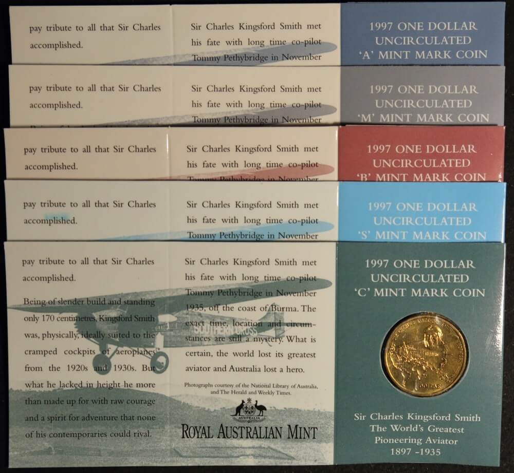 1997 1 Dollar Set of 5 Coins Kingsford Smith Mintmarks CSMBA