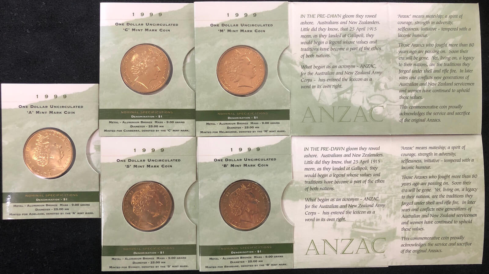 1999 1 Dollar Set of 5 Coins Last ANZACS Mintmarks CSMBA