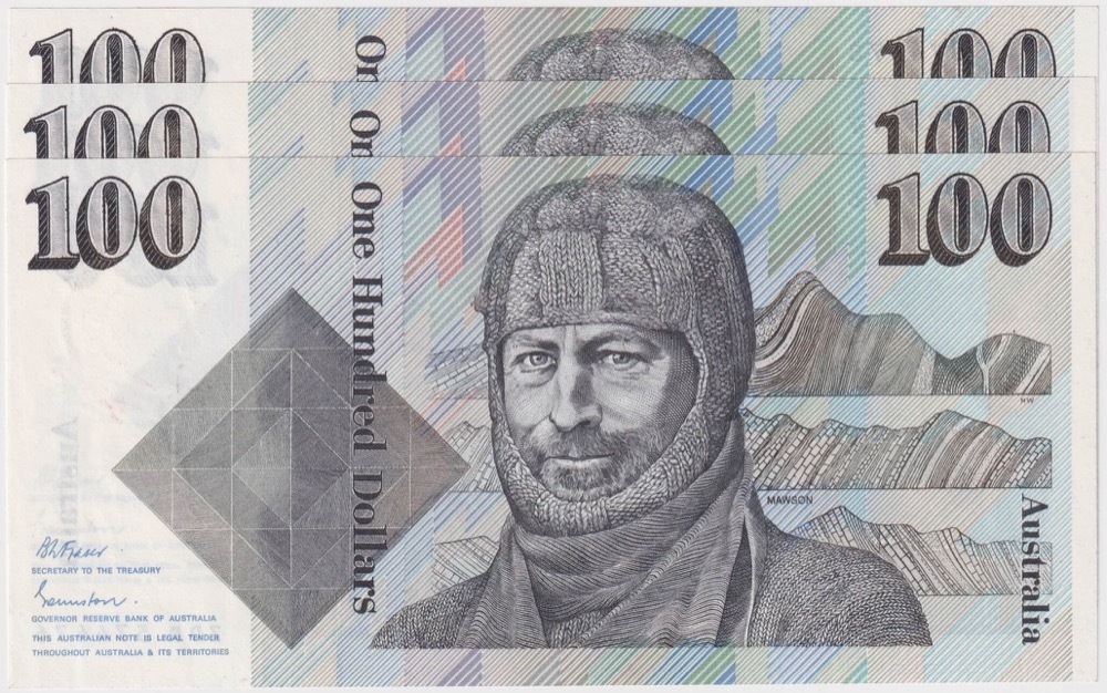 1984 $100 Note Consecutive Trio Johnston/Stone R608 GEF