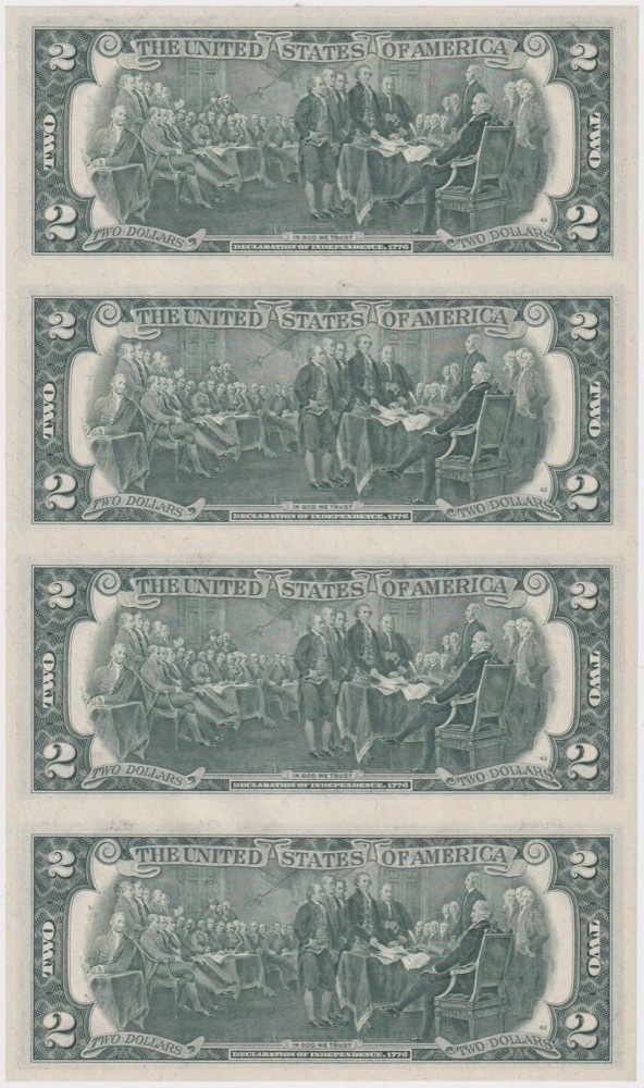 United States 1976 Uncut Vertical Strip of Four 2 Dollar Notes Uncirculated product image