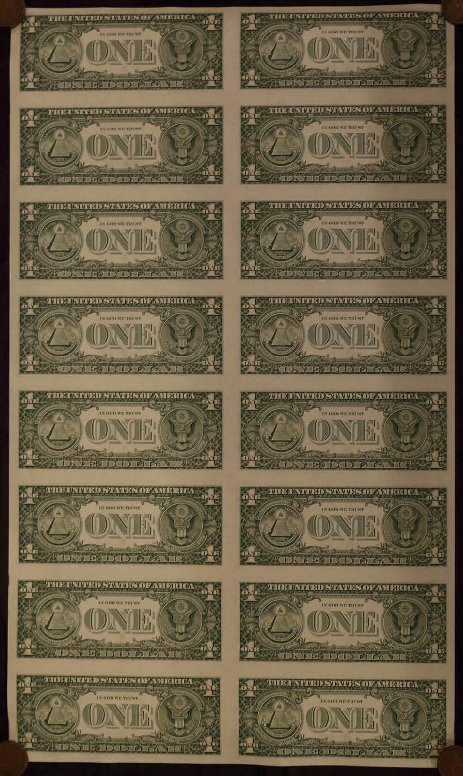 USA 1995 Uncut Vertical Strip of Sixteen 1 Dollar Notes Uncirculated product image