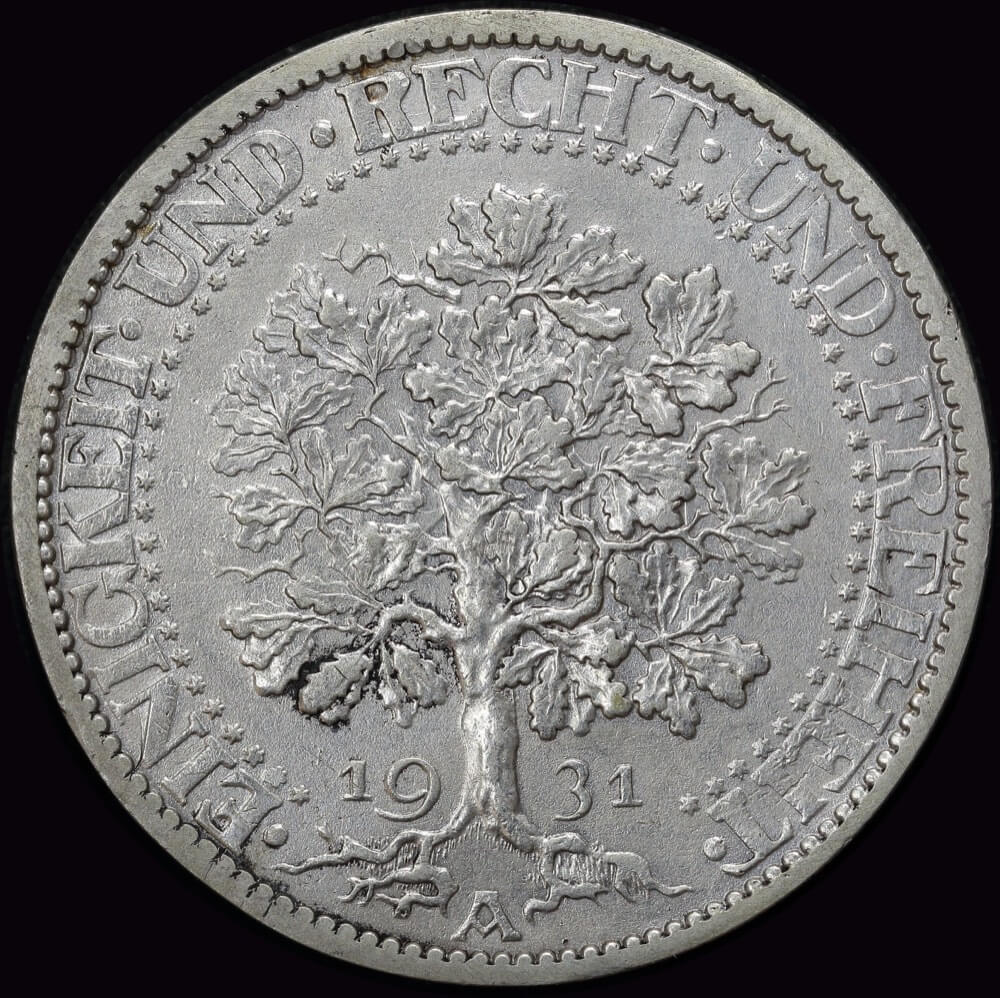 Germany (Weimar Republic) 1931-A Silver 5 Marks KM# 56 GEF product image