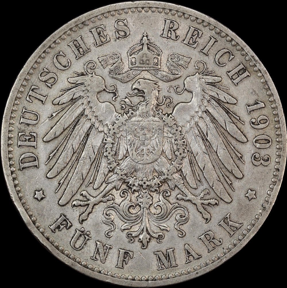 German States (Hamburg) 1903-J Silver 5 Marks KM#293 EF product image