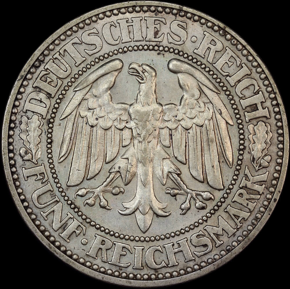 Germany (Weimar Republic) 1927-J Silver 5 Reichsmark KM# 56 about Unc product image