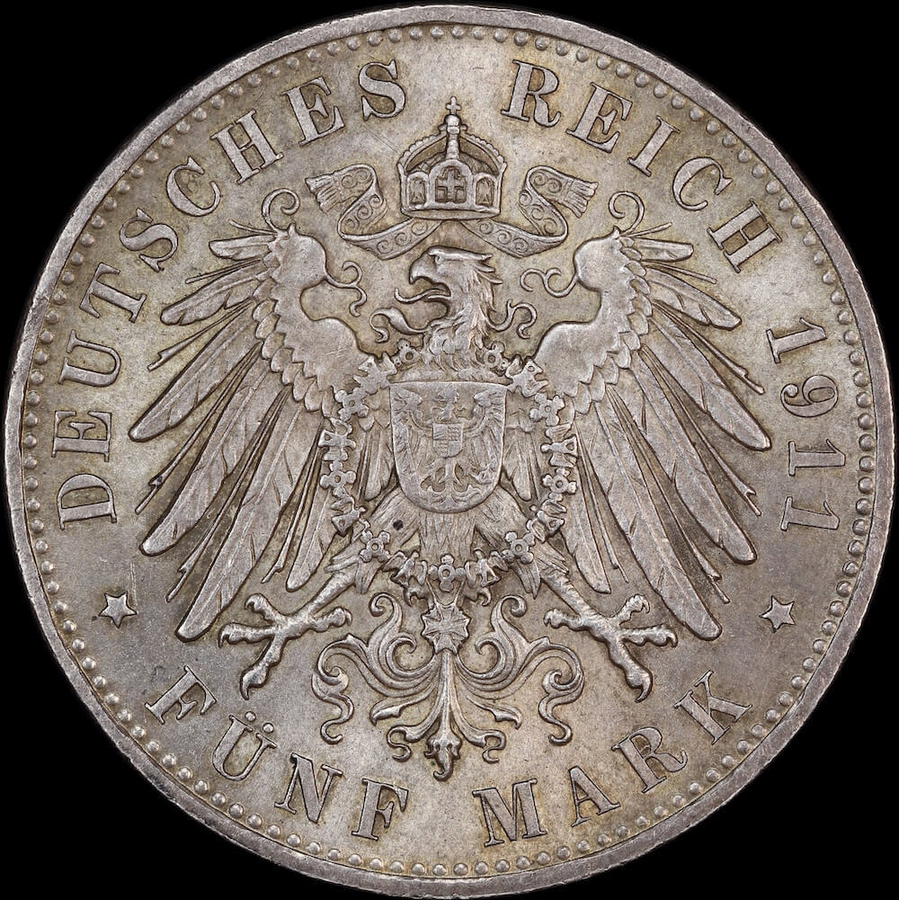 German States (Bavaria) 1911-D Silver 5 Marks KM# 523 GEF product image