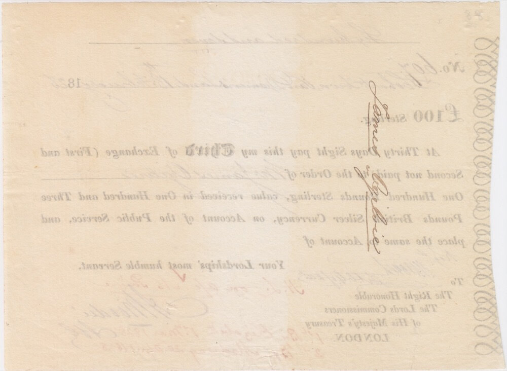 Van Diemen's Land Commissariat Office Bill of Exchange 1828 Affleck Moodie for One Hundred Pounds