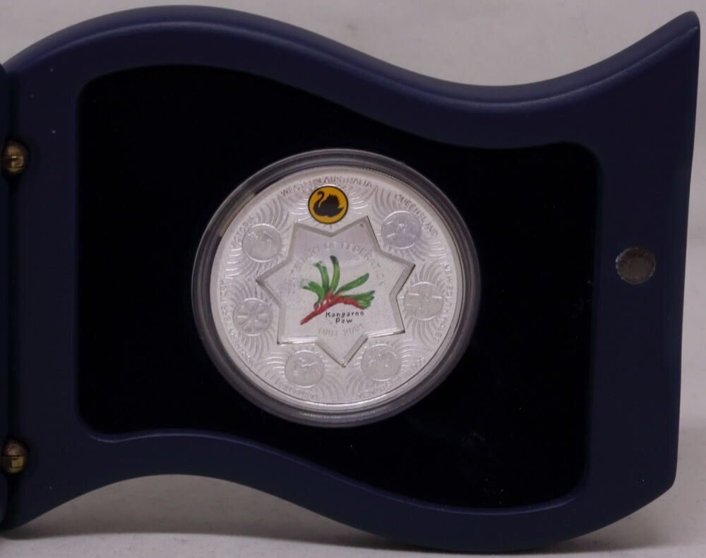2001 Silver One Ounce Proof Coin Holey Dollar Federation Flowers - WA Kangaroo Paw product image