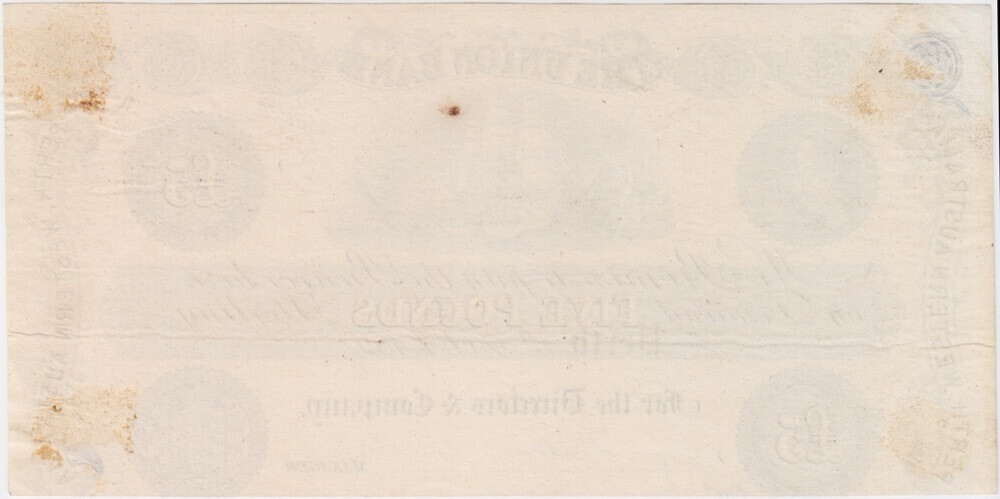 Union Bank of Australia (Perth) 1892 5 Pounds Unissued Printer's Proof MVR# 2b good VF