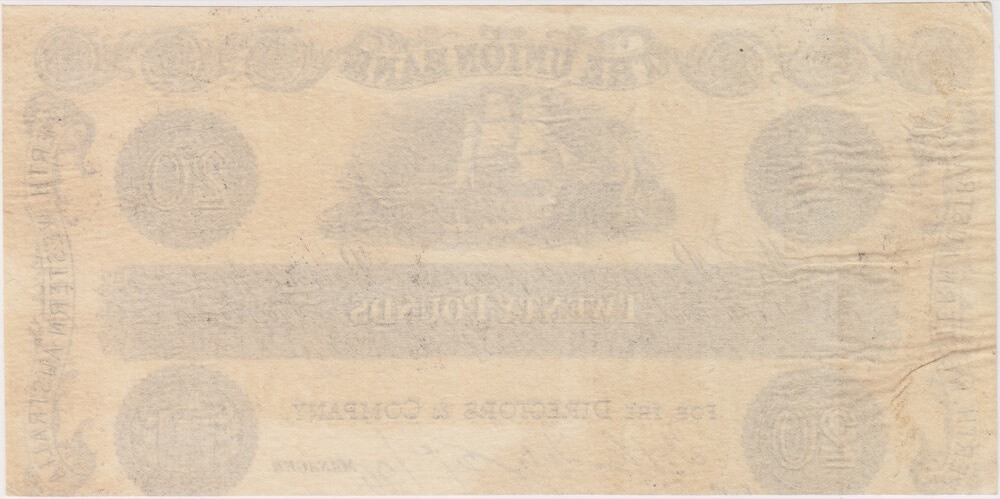 Union Bank of Australia (Perth) 1893 20 Pounds Unissued Printer's Proof MVR# 2b good VF