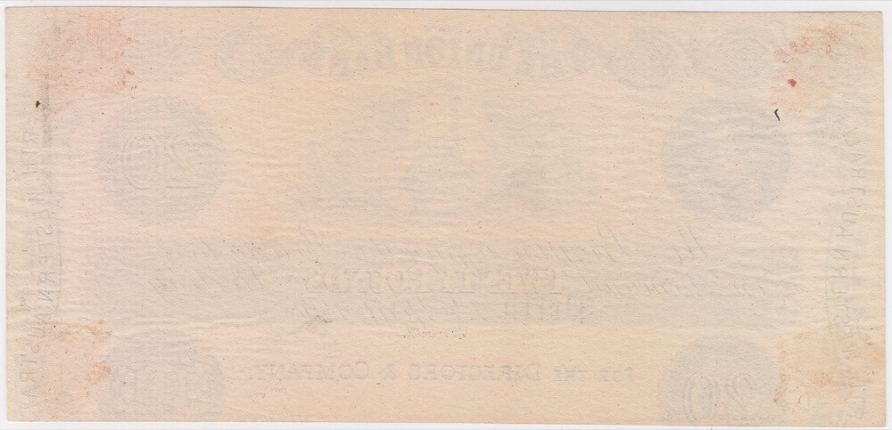 Union Bank of Australia (Perth) 1898 20 Pounds Unissued Printer's Proof MVR# 2b good VF