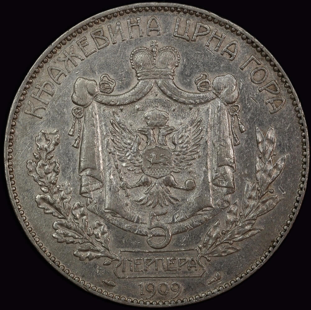 Montenegro 1909 Silver 5 Perpera KM# 6 about EF product image