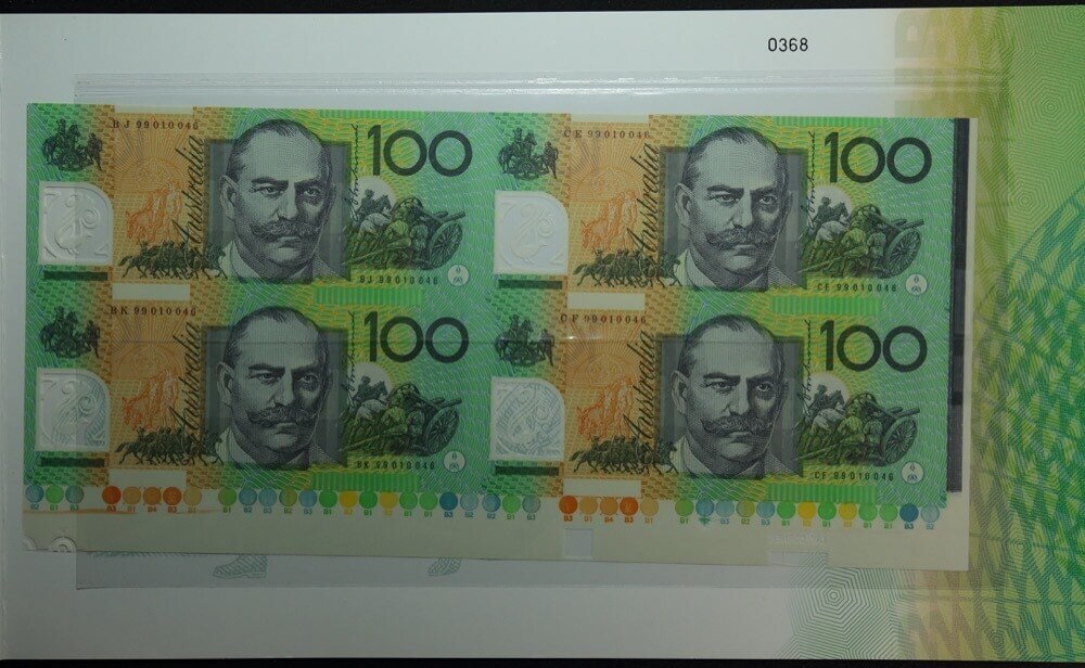 1999 One Hundred Dollars Uncut Block of Four Deluxe Black Serials