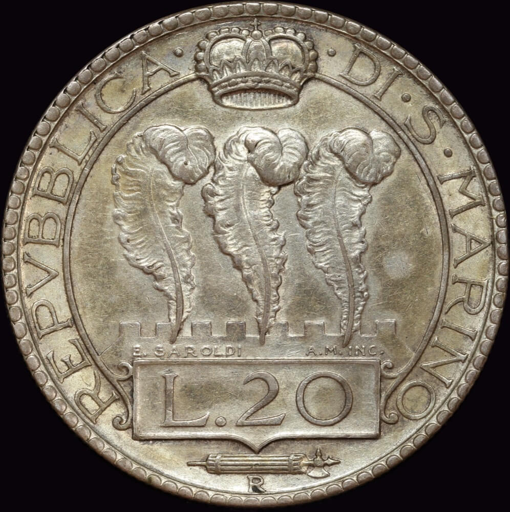 San Marino 1933 Silver 20 Lire KM# 11 about Unc product image