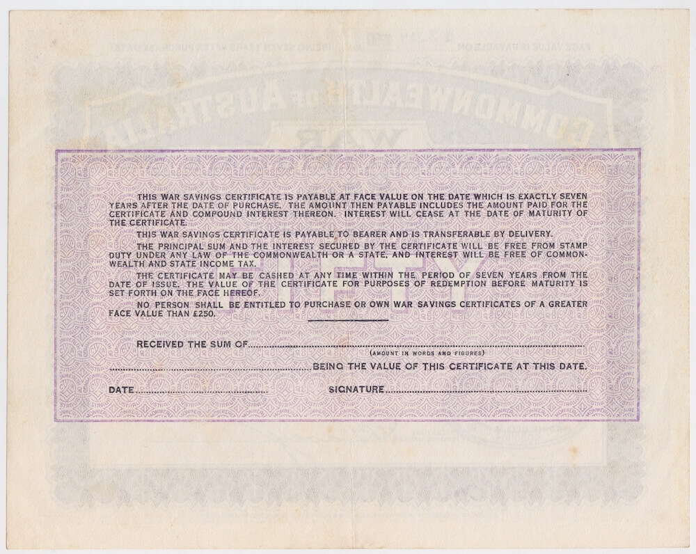 Australia 1943 War Savings Certificate for Fifty Pounds Wodonga GEF