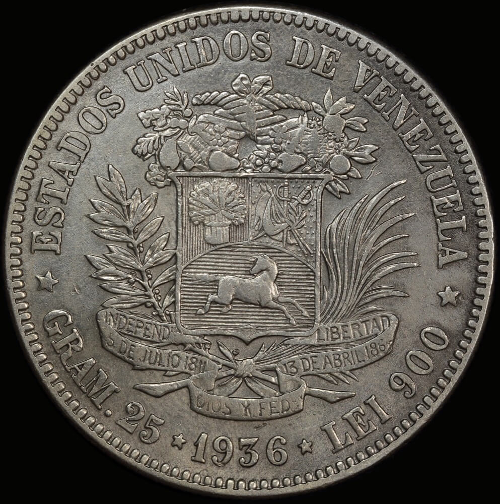 Venezuela 1936 Silver 5 Bolivars KM# 24.2 GEF product image